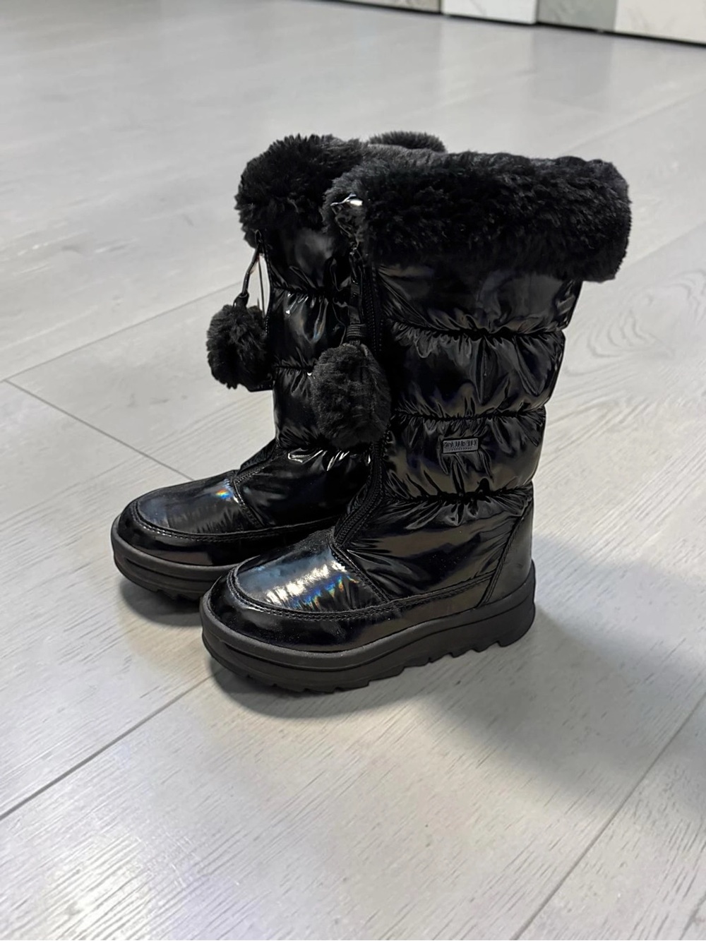 Toddler Girls Pajar Black Shiny Faux Fur Winter Boots with Pom-Poms